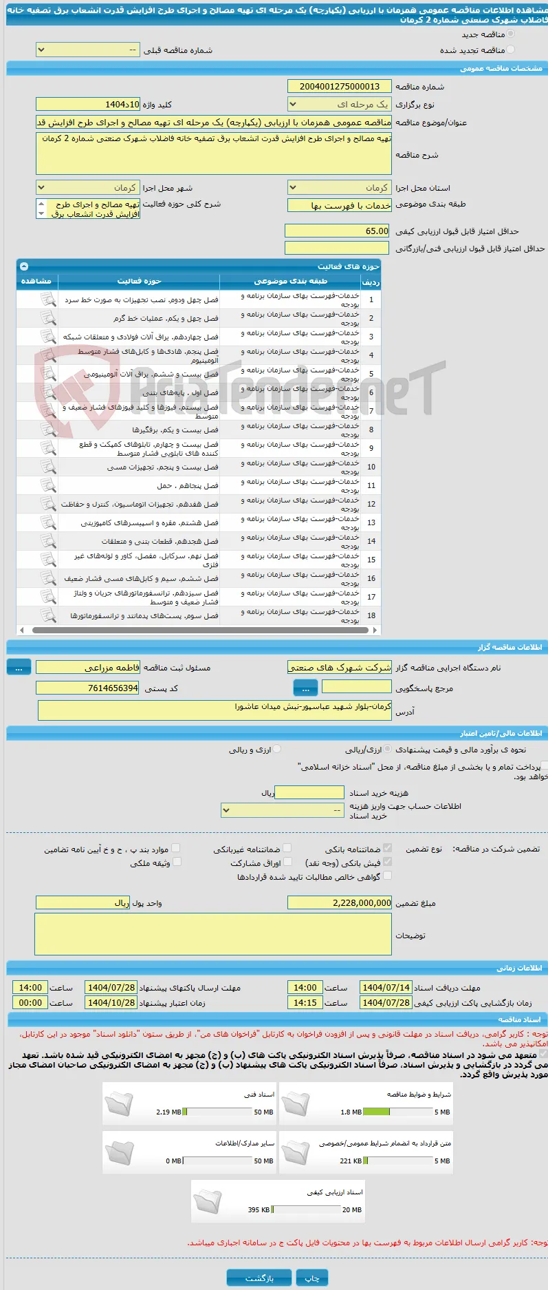 مناقصه عمومی همزمان با ارزیابی (یکپارچه) یک مرحله ای تهیه مصالح و اجرای طرح افزایش قدرت انشعاب برق تصفیه خانه فاضلاب شهرک صنعتی شماره 2 کرمان