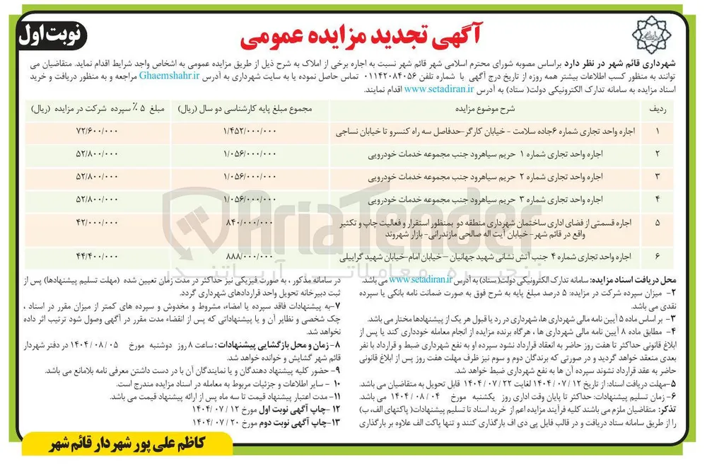 اجاره برخی از املاک در 6 ردیف با کاربری تجاری - اداری 