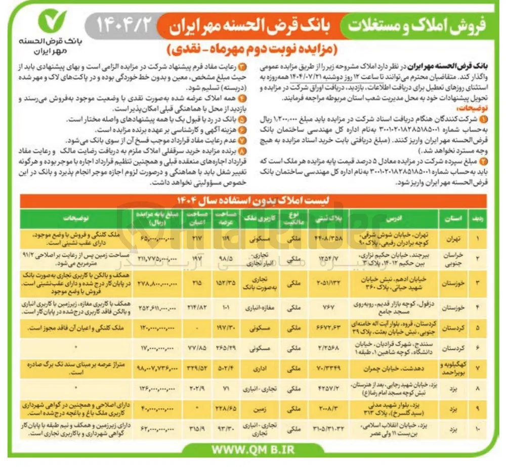 فروش املاک در 10 ردیف با کاربری مسکونی تجاری اداری 