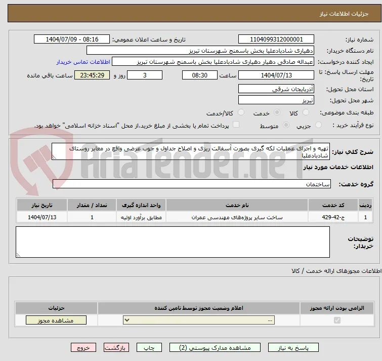 تهیه و اجرای عملیات لکه گیری بصورت آسفالت ریزی و اصلاح جداول و جوب عرضی واقع در معابر روستای شادبادعلیا