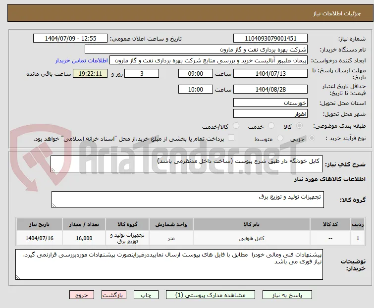  کابل خودنگه دار طبق شرح پیوست (ساخت داخل مدنظرمی باشد)