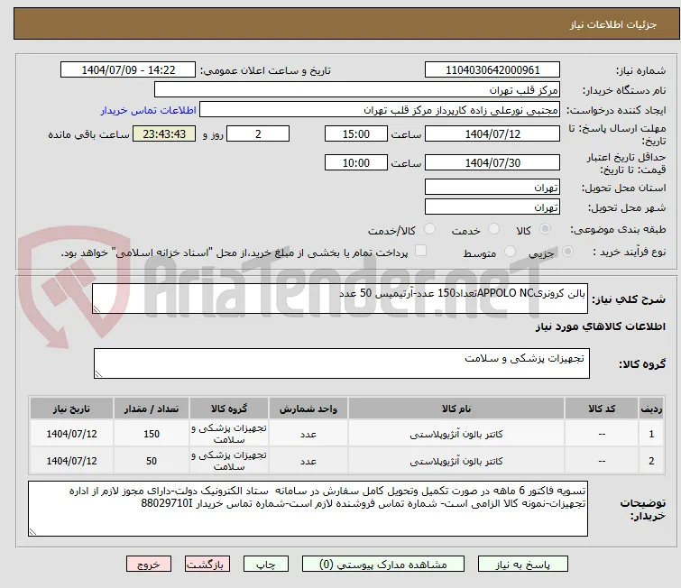 بالن کرونریAPPOLO NCتعداد150 عدد-آرتیمیس 50 عدد