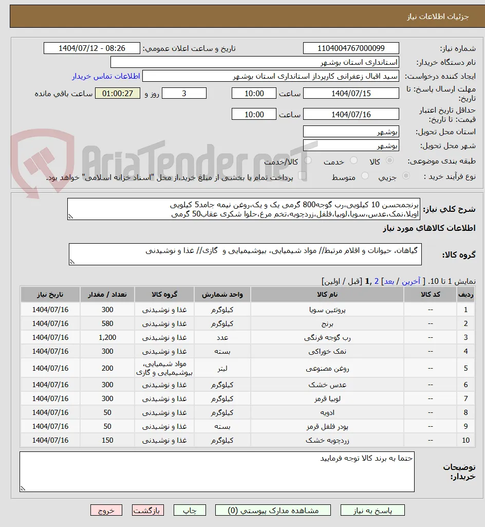 برنجمحسن 10 کیلویی،رب گوجه800 گرمی یک و یک،روغن نیمه جامد5 کیلویی اویلا،نمک،عدس،سویا،لوبیا،فلفل،زردچوبه،تخم مرغ،حلوا شکری عقاب50 گرمی