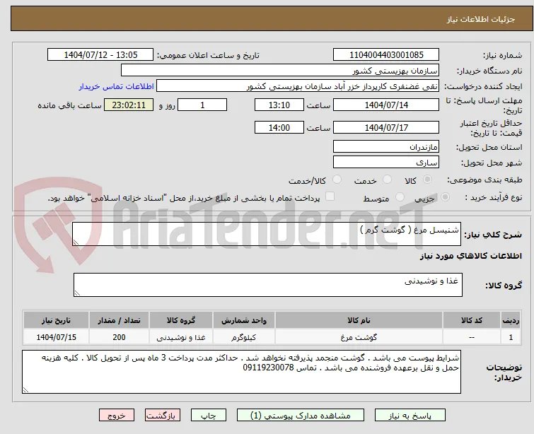 شنیسل مرغ ( گوشت گرم )