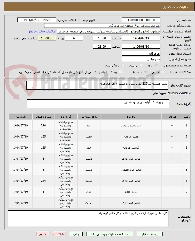 تأمین البسه کار135 نفرپرسنل حراست و امورمحرمانه