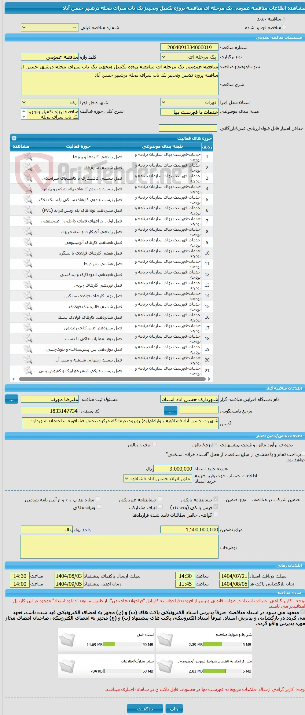مناقصه عمومی یک مرحله ای مناقصه پروژه تکمیل وتجهیز یک باب سرای محله درشهر حسن آباد 