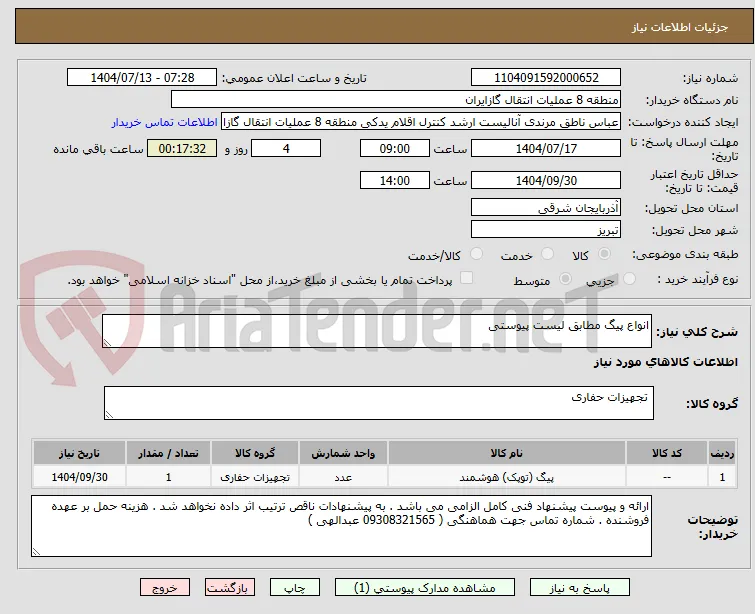 انواع پیگ مطابق لیست پیوستی
