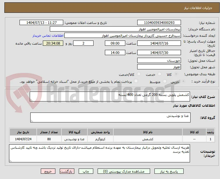 کشمش پلویی بسته 200 گرمی تعداد 400 بسته 