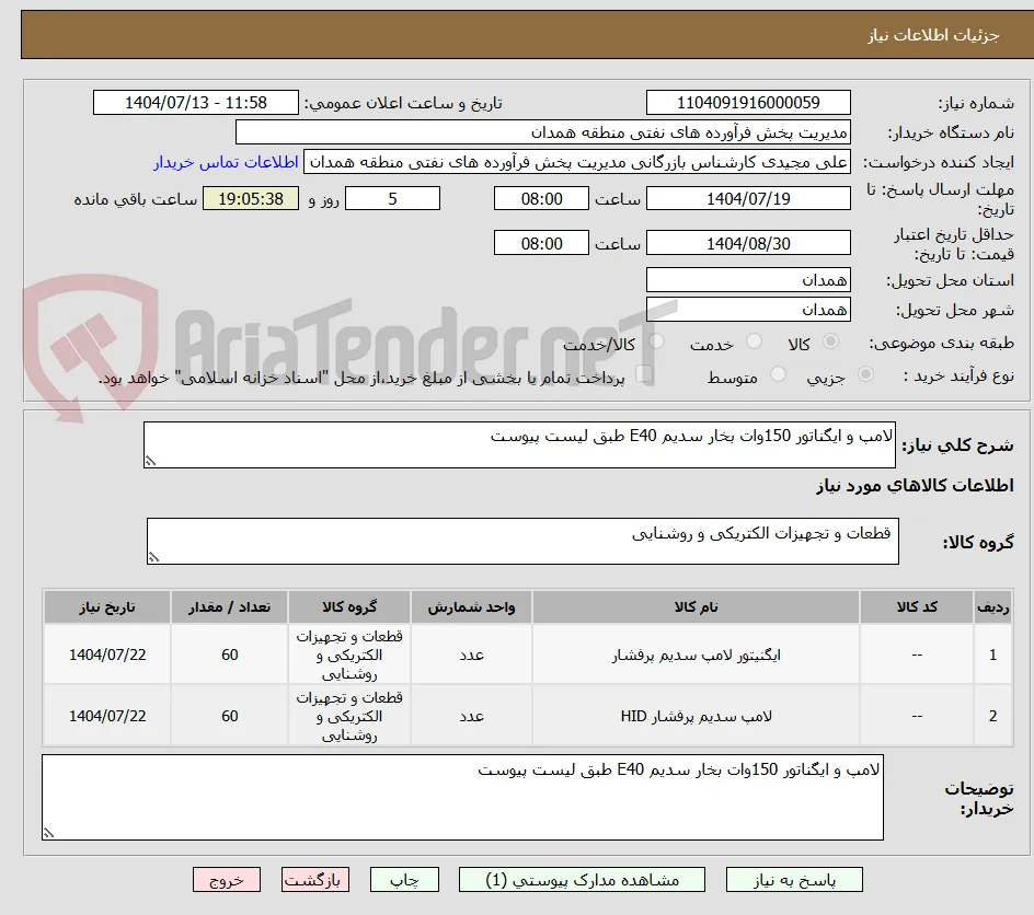 لامپ و ایگناتور 150وات بخار سدیم E40 طبق لیست پیوست