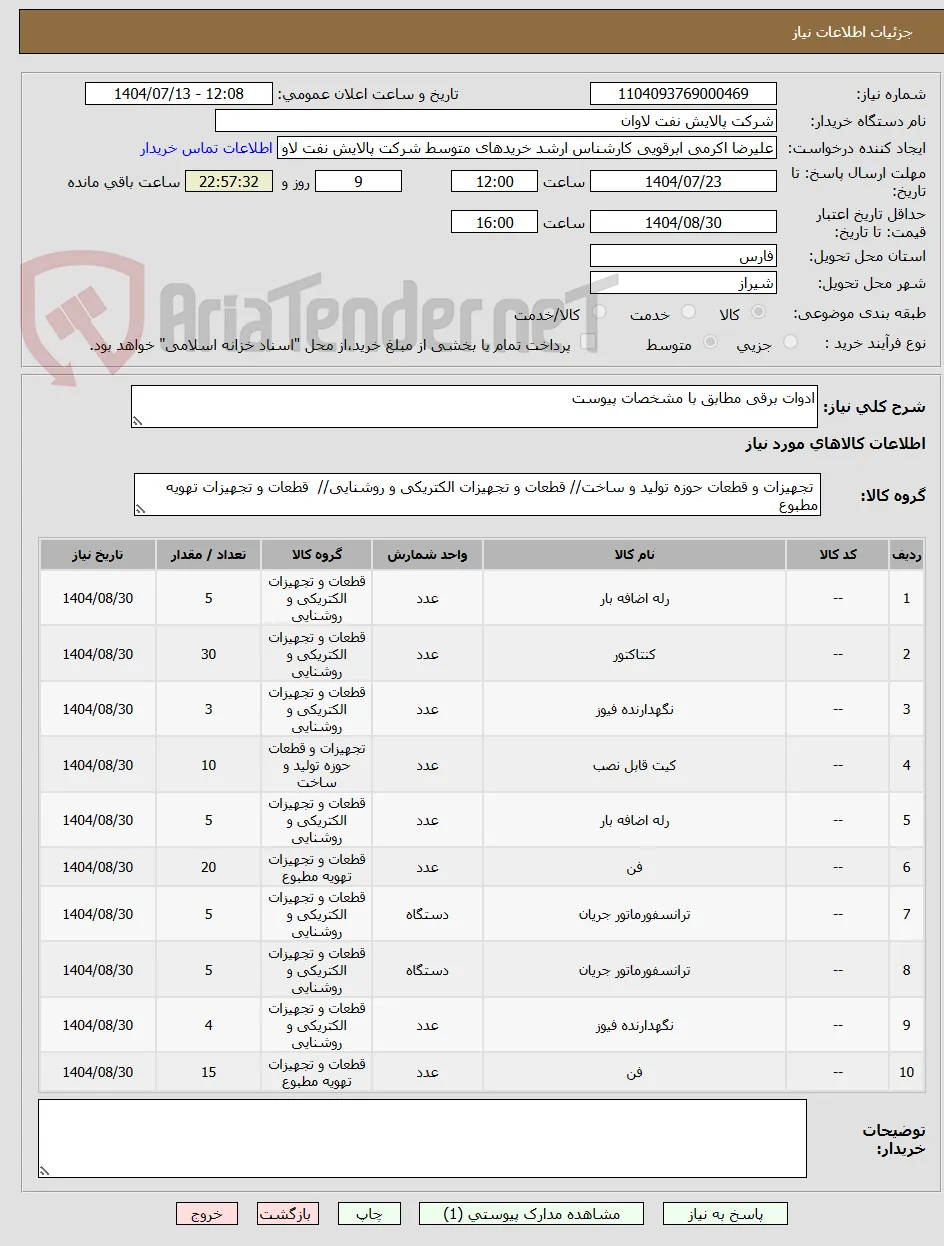 ادوات برقی مطابق با مشخصات پیوست