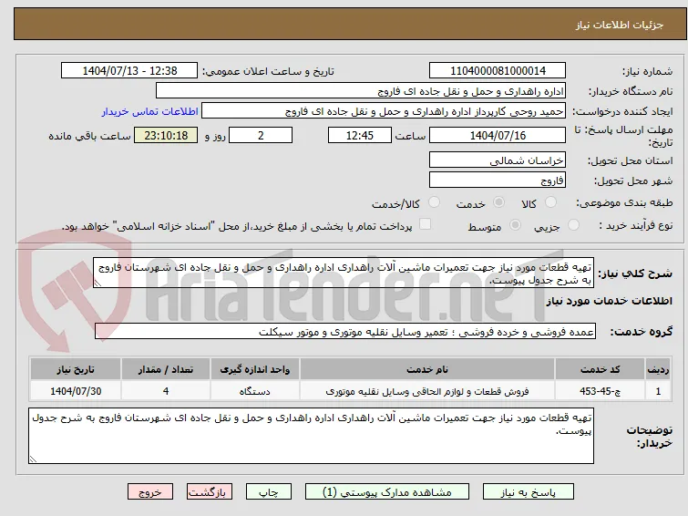 تهیه قطعات مورد نیاز جهت تعمیرات ماشین آلات راهداری اداره راهداری و حمل و نقل جاده ای شهرستان فاروج به شرح جدول پیوست.