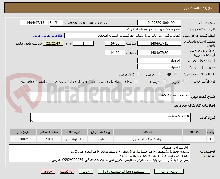 شینسل مرغ منجمد