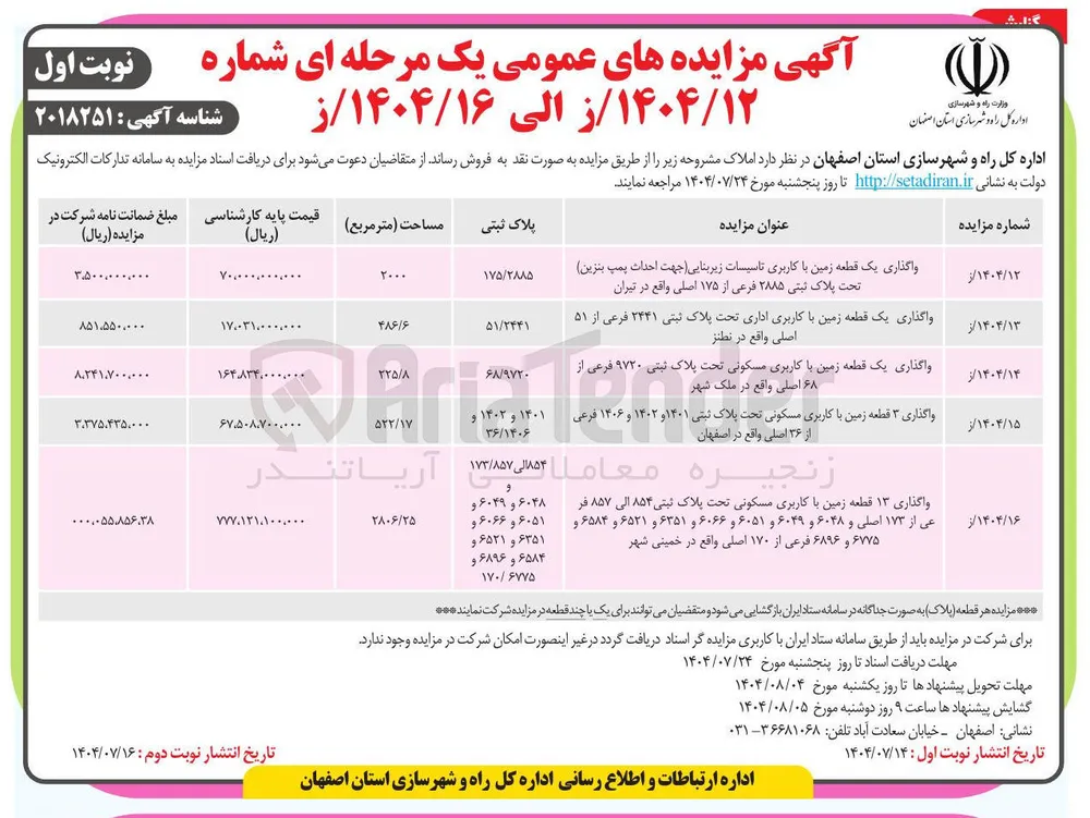 واگذاری یک قطعه زمین با کاربری اداری تحت پلاک ثبتی ۲۴۴۱ فرعی از ۵۱ اصلی 