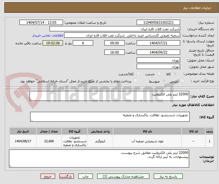 22000 لیتر پلی الکترولیت