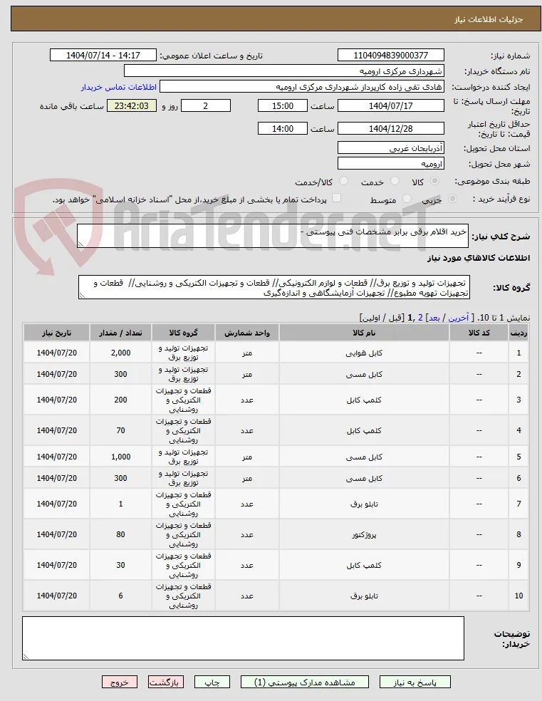 خرید اقلام برقی برابر مشخصات فنی پیوستی - 