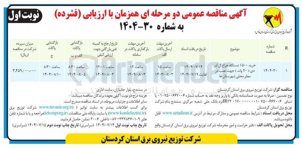 خرید ۱۵۰۰ دستگاه دستگاه . چراغ ال ای دی ( ۲۰ وات ) جهت نصب در معابر 
