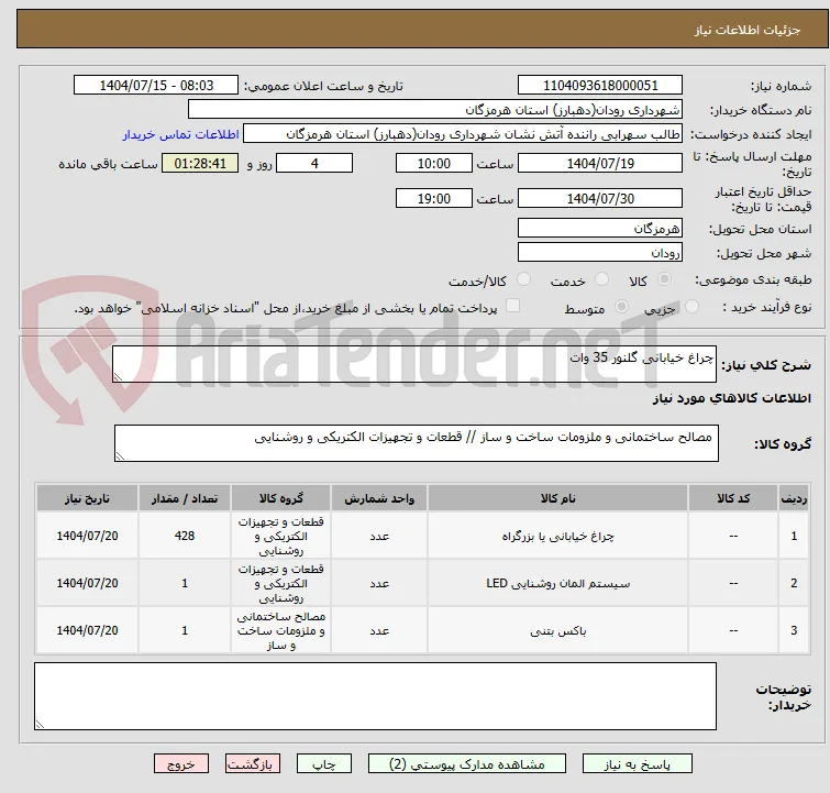 چراغ خیابانی گلنور 35 وات