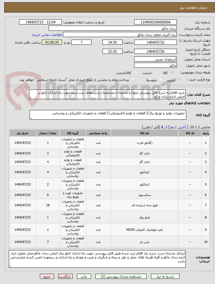 خرید اقلام به شرح فایل پیوستی لزوما و ترجیحا با مشخصات و برندهای ثبت شده جهت راه اندازی تابلو بر اصلی اداره زندان ماکو