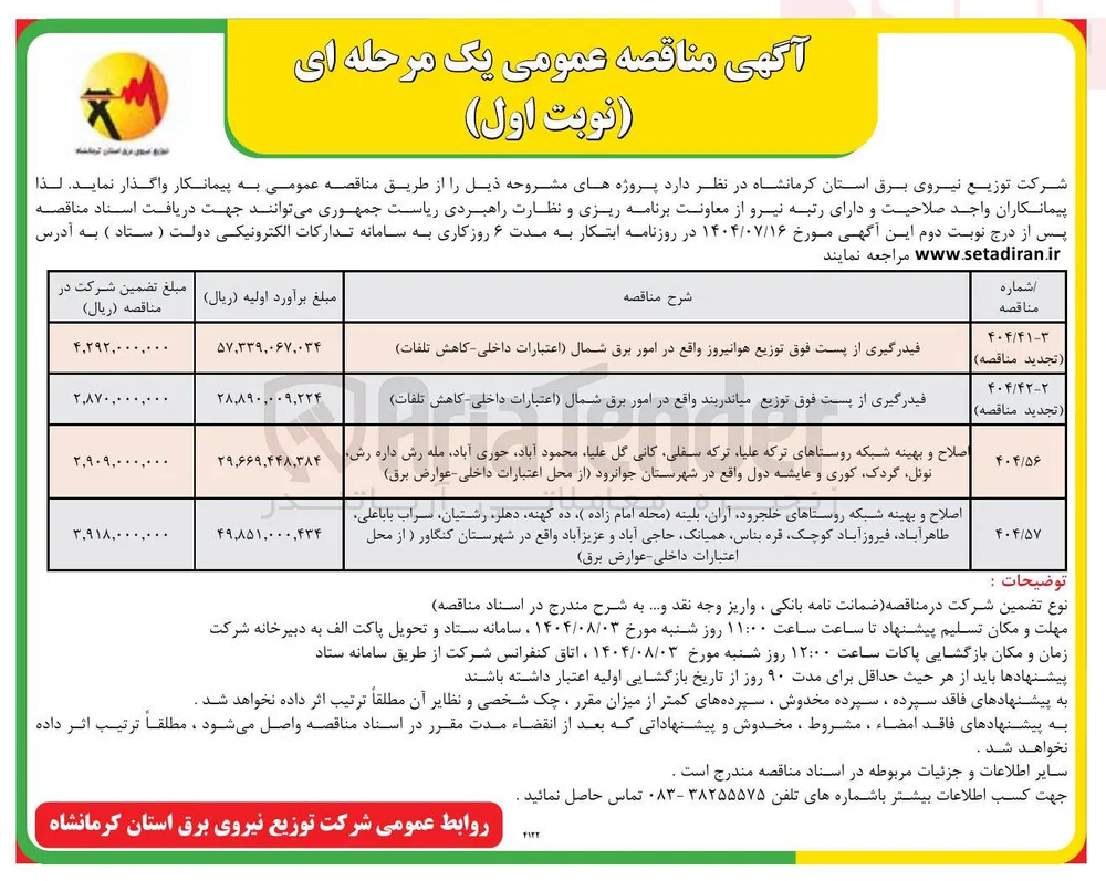 فیدرگیری از پست فوق توزیع هوانیروز واقع در امور برق شمال اعتبارات داخلی کاهش تلفات 
