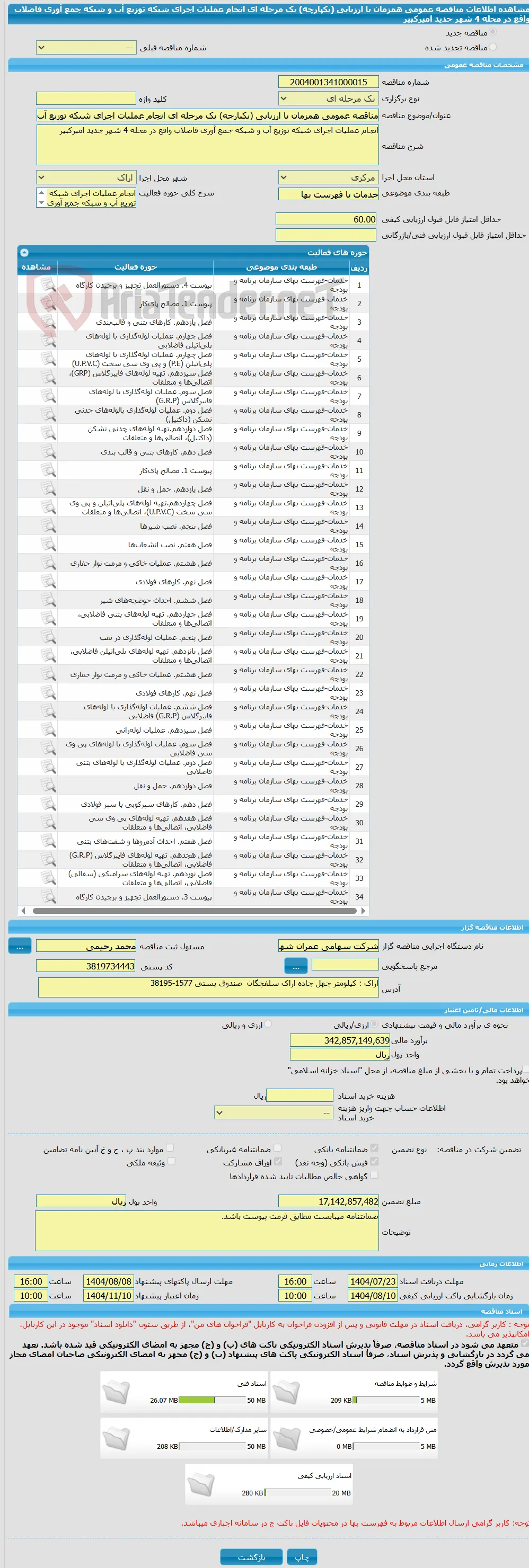مناقصه عمومی همزمان با ارزیابی (یکپارچه) یک مرحله ای انجام عملیات اجرای شبکه توزیع آب و شبکه جمع آوری فاضلاب واقع در محله 4 شهر جدید امیرکبیر