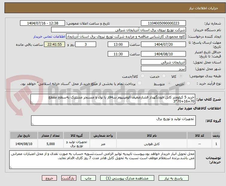 خرید 5 کیلومتر کابل خودنگهدار فشارضعیف آلومینیوم سه‌فاز با نول و مسنجر مشترک به‌سطح مقطع 70+16+70*3