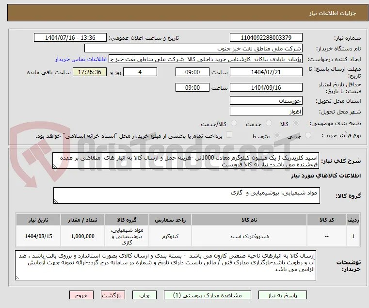 اسید کلریدریک ( یک میلیون کیلوگرم معادل 1000تن -هزینه حمل و ارسال کالا به انبار های  متقاضی بر عهده فروشنده می باشد- نیاز به کالا فرویست