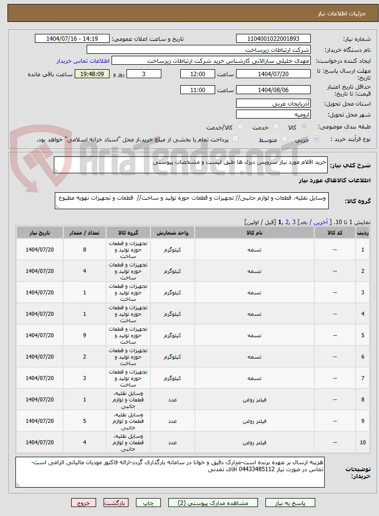خرید اقلام مورد نیاز سرویس دیزل ها طبق لیست و مشخصات پیوستی