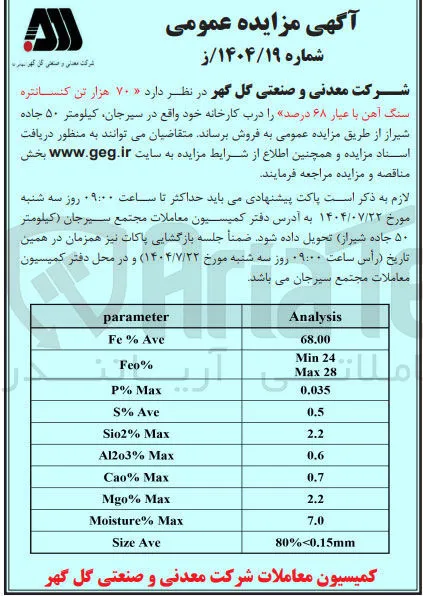 فروش 70 هزار تن کنسانتره سنگ آهن با عیار ۶۸ درصد