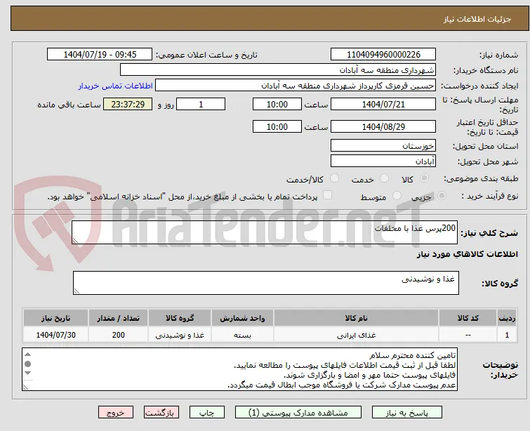 200پرس غذا با مخلفات
