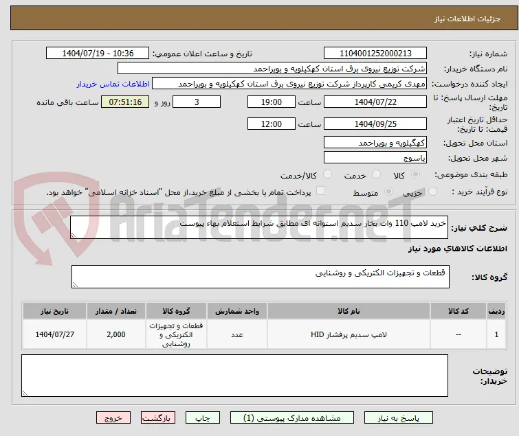 خرید لامپ 110 وات بخار سدیم استوانه ای مطابق شرایط استعلام بهاء پیوست