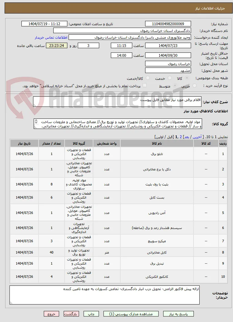 اقلام برقی مورد نیاز مطابق فایل پیوست