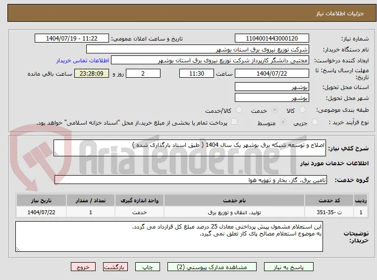 اصلاح و توسعه شبکه برق بوشهر یک سال 1404 ( طبق اسناد بارگذاری شده ) 