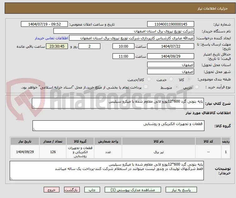 پایه بتونی گرد 600*12پوزو لانی مقاوم شده با میکرو سیلیس
