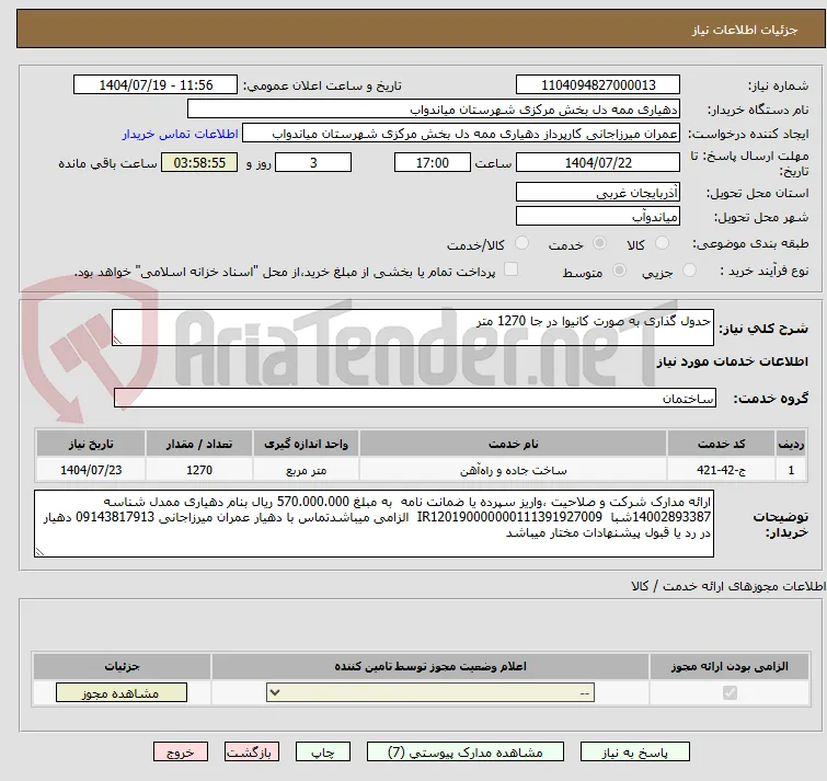 حدول گذاری به صورت کانیوا در جا 1270 متر
