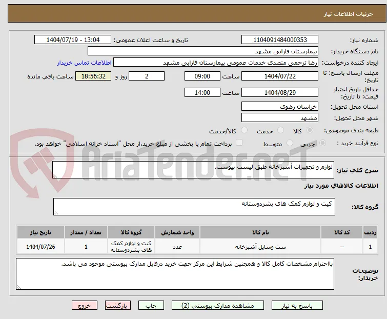 لوازم و تجهیزات آشپزخانه طبق لیست پیوست.