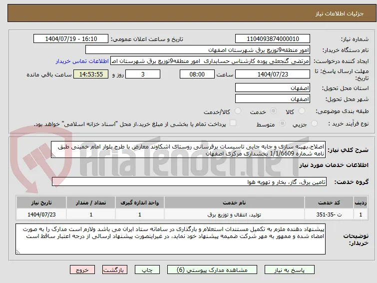 اصلاح،بهینه سازی و جابه جایی تاسیسات برقرسانی روستای اشکاوند معارض با طرح بلوار امام خمینی طبق نامه شماره 1/1/6609 بخشداری مرکزی اصفهان