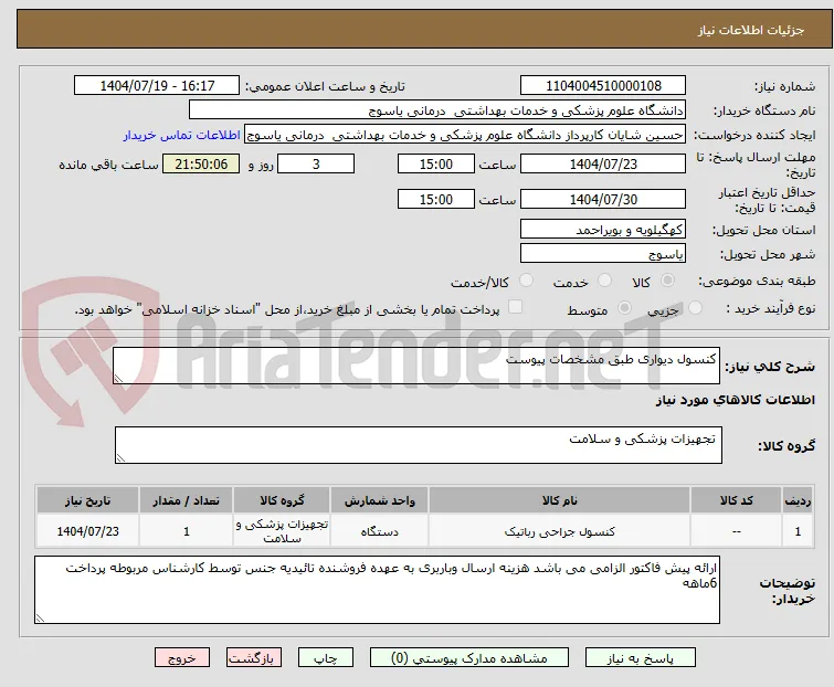 کنسول دیواری طبق مشخصات پیوست