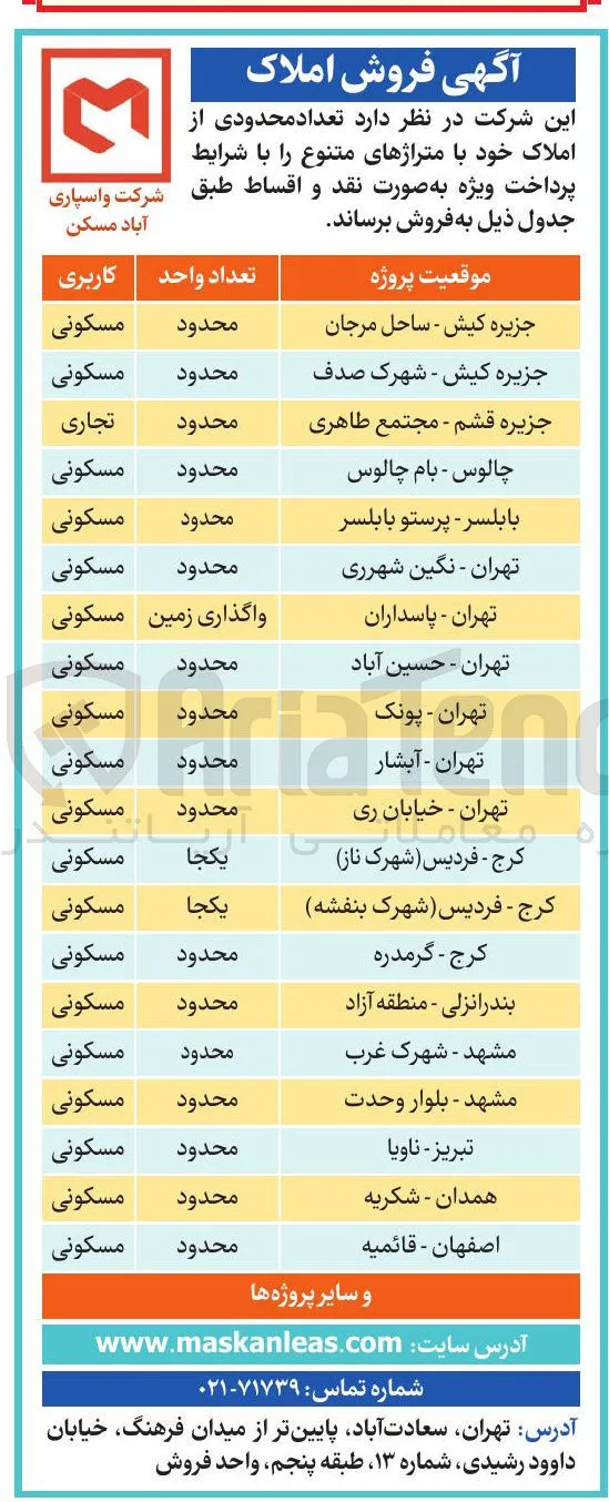 فروش تعداد محدودی از املاک در 20 ردیف با کاربری مسکونی - تجاری