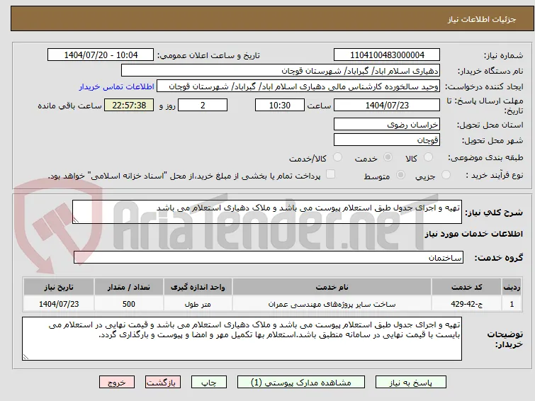 تهیه و اجرای جدول طبق استعلام پیوست می باشد و ملاک دهیاری استعلام می باشد 