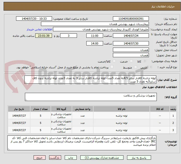 لوله تراشه کافدار سایز 4/5به تعداد 5عدد- لوله تراشه کافدار سایز 3 به تعداد 5عدد- لوله تراشه بدون کاف سایز5به تعداد 5 عدد.