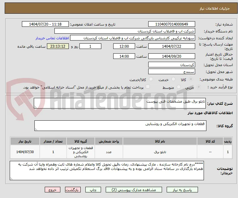 تابلو برق طبق مشخصات فنی پیوست