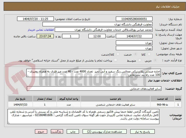 اجاره صندلی پلاستیکی مجالس رنگ سفید و آبی تمیز  تعداد 4000 عدد - 40 عدد میز فلزی به همراه رومیزی - 100 عدد راه بند تشریفاتی 