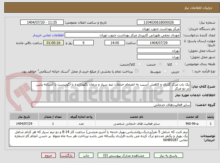 یک باب مرکز گذری و کاهش آسیب به انضمام خدمات تیم سیار و درمان نگهدارنده با آگونیست با آستانه پایین در دو مرکز