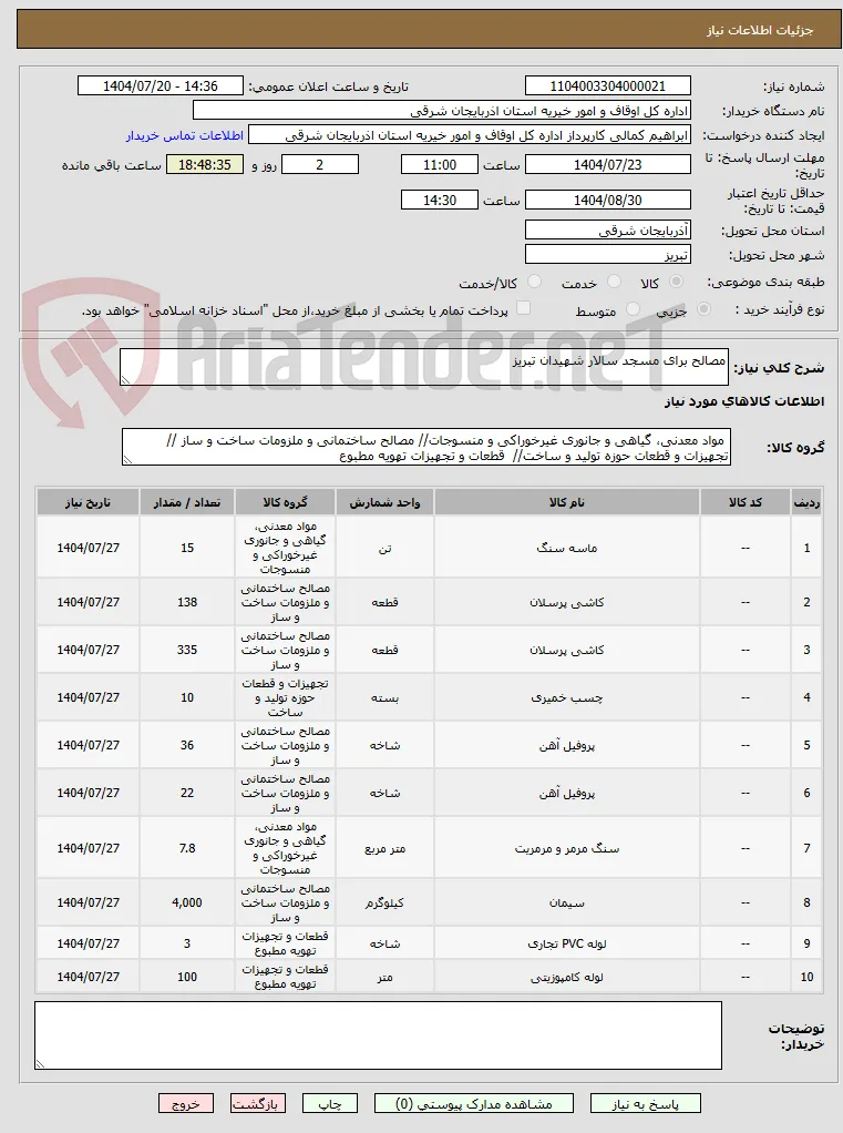 مصالح برای مسجد سالار شهیدان تبریز