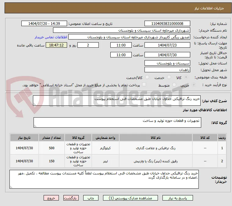 خرید رنگ ترافیکی جداول خیابان طبق مشخصات فنی استعلام پیوست