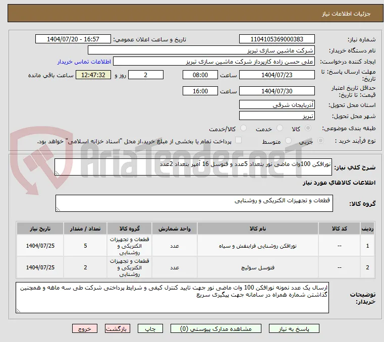 نورافکن 100وات ماضی نور بتعداد 5عدد و فتوسل 16 آمپر بتعداد 2عدد