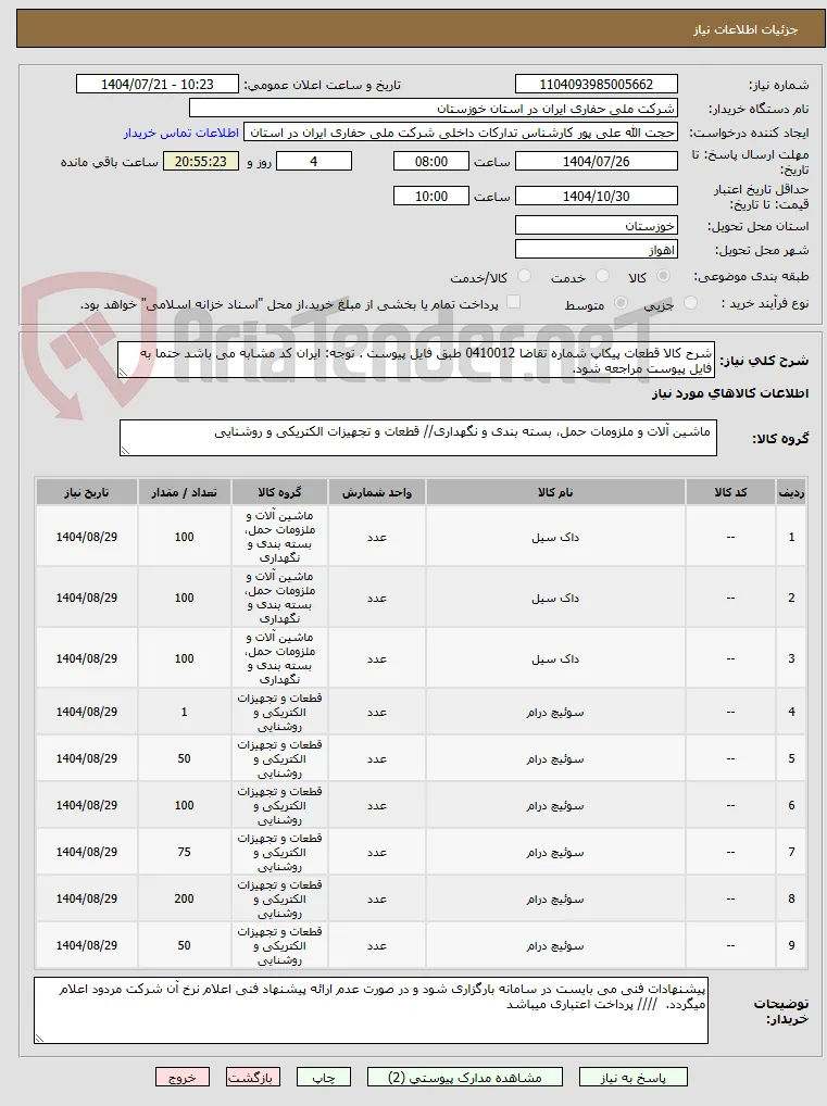 شرح کالا قطعات پیکاپ شماره تقاضا 0410012 طبق فایل پیوست . توجه: ایران کد مشابه می باشد حتما به فایل پیوست مراجعه شود.   