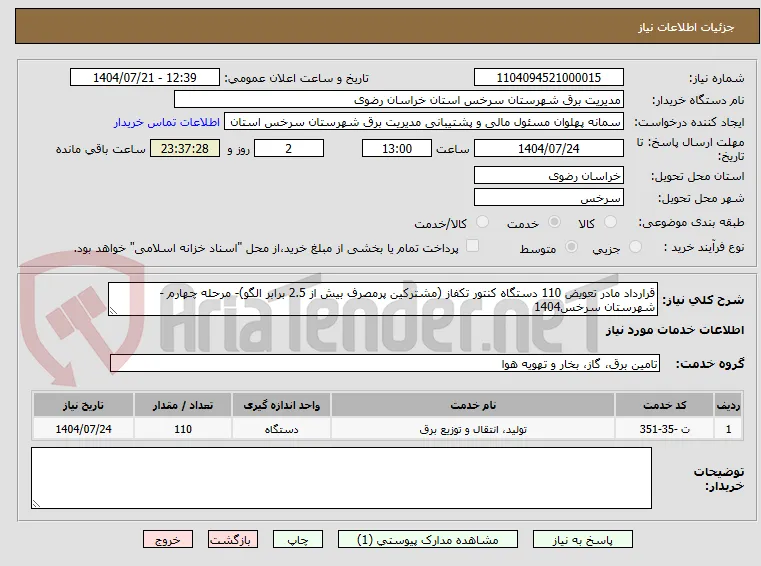 قرارداد مادر تعویض 110 دستگاه کنتور تکفاز (مشترکین پرمصرف بیش از 2.5 برابر الگو)- مرحله چهارم - شهرستان سرخس1404