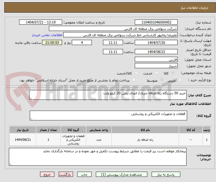 خرید 50 دستگاه رله اضافه جریان/ اتصال زمین 20 کیلو ولت