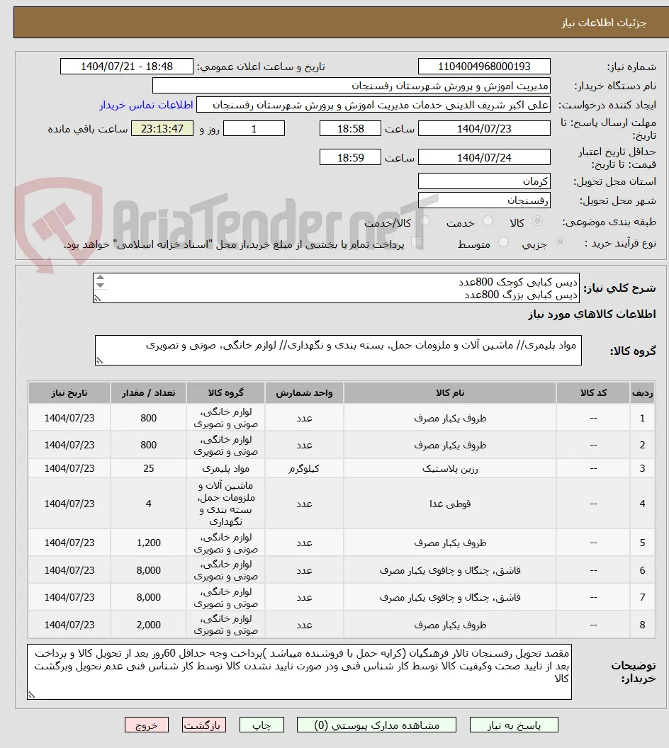 دیس کبابی کوچک 800عدد 
دیس کبابی بزرگ 800عدد                         
